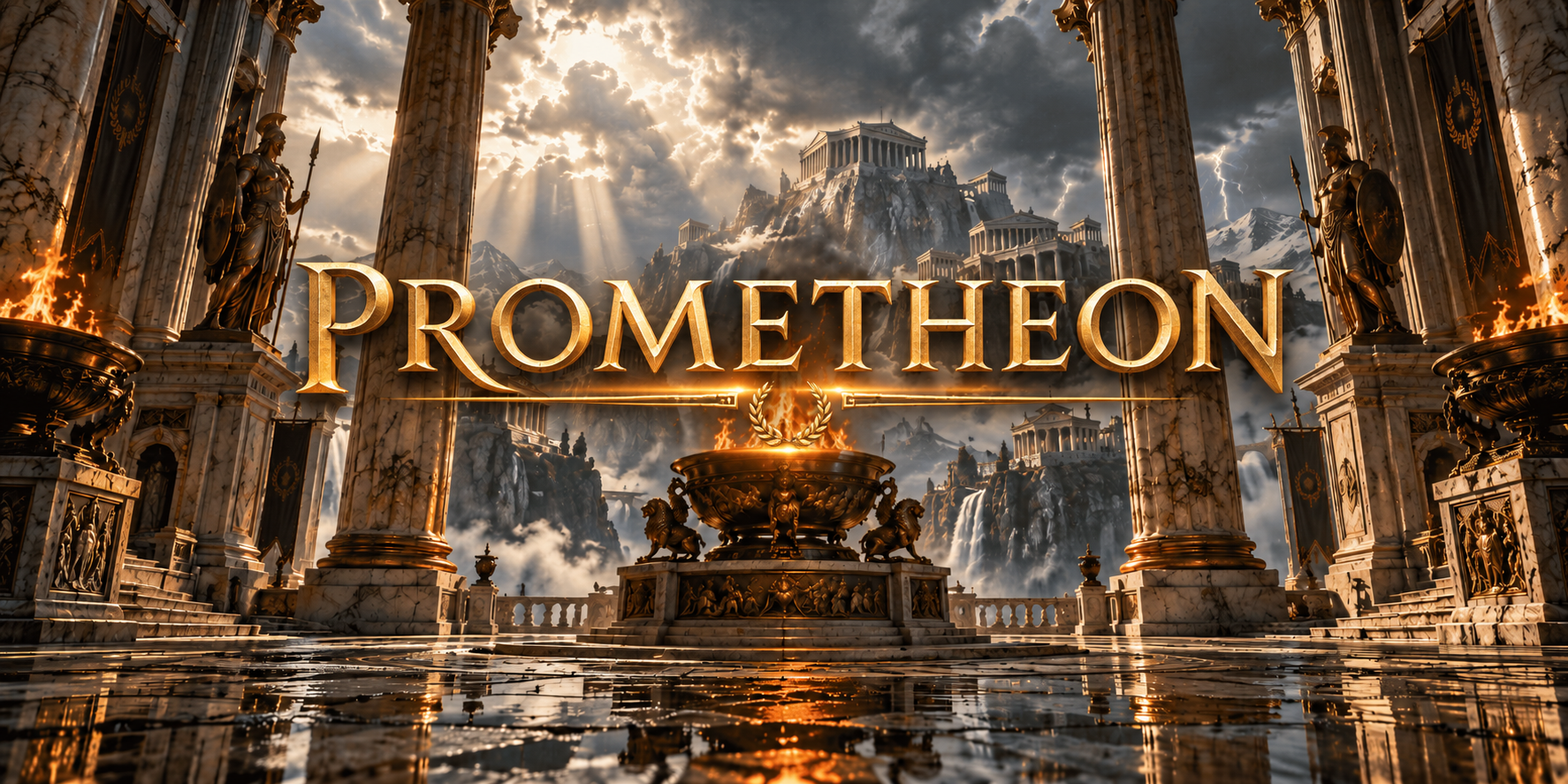 Ancient Greek temple, divine fire and the golden PROMETHEON title